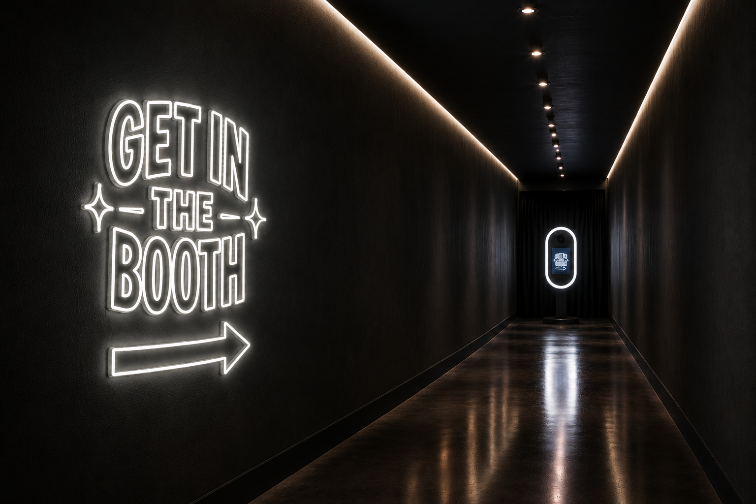A cinematic Get In The Booth neon hallway leading to the photobooth